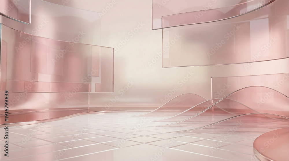 Fototapeta premium Modern minimalist interior rendered with elegant rose gold and pastel pink translucent architectural elements and reflective surfaces