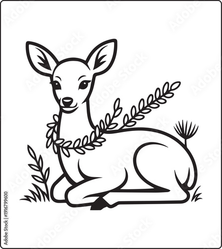 Cute animal with beautiful flowers coloring page for kids and adults, black line art vector illustration for 
activity page or book design