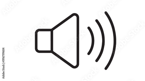 Speaker icon with sound waves in simple black outline, audio volume symbol for media player controls, notification alerts, UI design, isolated on white background