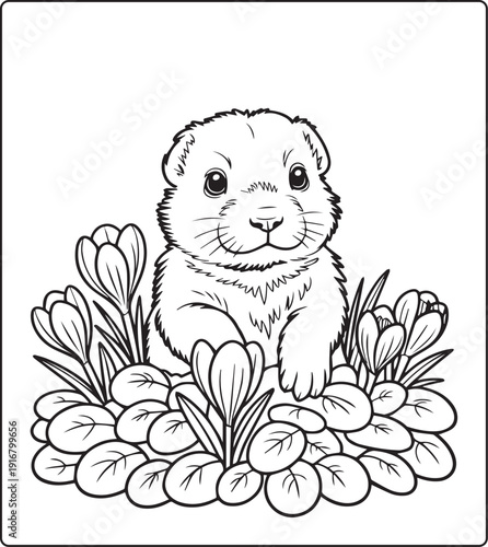 Cute animal with beautiful flowers coloring page for kids and adults, black line art vector illustration for 
activity page or book design