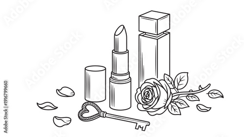 Lipstick with Rose and Key on White Background