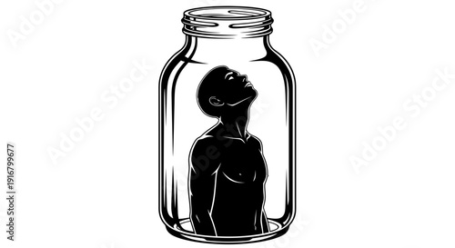 Person trapped in a glass jar symbolizing confinement and isolation with a sense of despair and desperation
