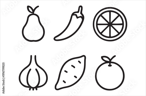 Simple line drawing depicts a pear chili pepper orange slice garlic sweet potato and apple