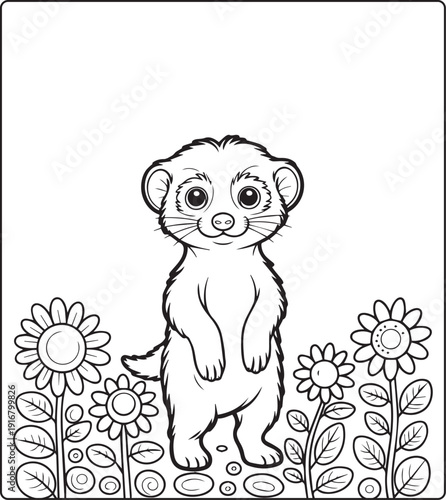Cute animal with beautiful flowers coloring page for kids and adults, black line art vector illustration for 
activity page or book design