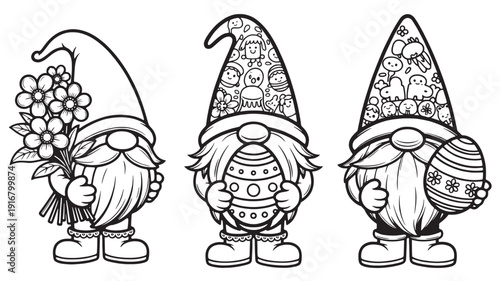 Gnomes Holding Easter Eggs and Flowers Coloring Page