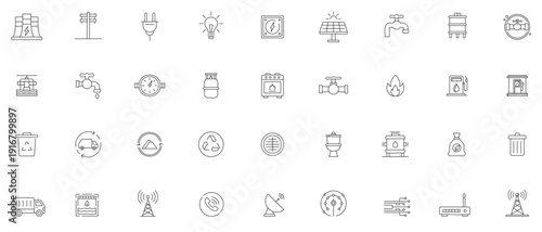 Public Utilities Line Art Icon Set Minimal Outline Icons of Essential Energy, Water, Waste, and Communication Services Free Vector