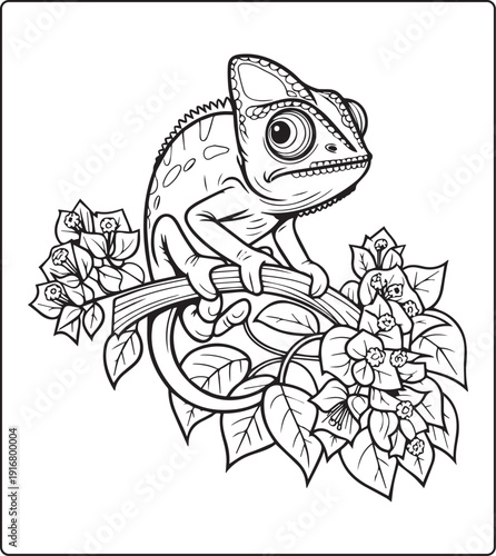 Cute animal with beautiful flowers coloring page for kids and adults, black line art vector illustration for 
activity page or book design