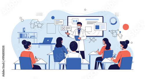 Medical students wearing protective masks while attending a lecture by a doctor in a modern classroom or conference hall.