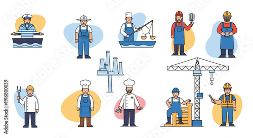 Collection of characters representing various professions including sailor farmer chef fisher construction worker and engineer.