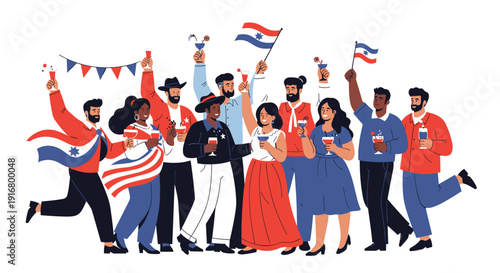 Diverse group of friends celebrating together with flags and drinks in a joyous party atmosphere on a white background.