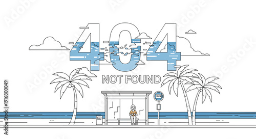 Website 404 page not found error concept featuring a relaxing tropical beach scene with palm trees and a bus stop.