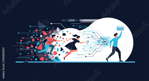 People running through a digital portal from a glitchy environment towards a clean high tech future with connectivity icons.