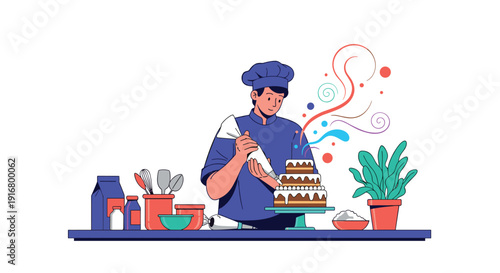 Professional male chef wearing a blue uniform and toque decorating a three-tiered chocolate cake with white frosting swirls.