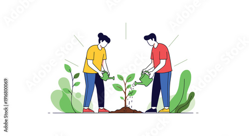 Young man and woman working together to water a small sapling tree in a garden symbolizing environmental growth and care.