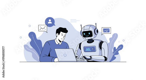 Collaborative work environment showing a man and an intelligent robot using a laptop together to solve complex digital tasks.