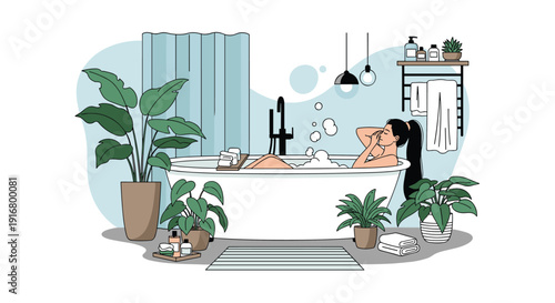 Beautiful woman relaxing in a luxurious bubble bath at home with many green plants and candles creating a spa atmosphere.