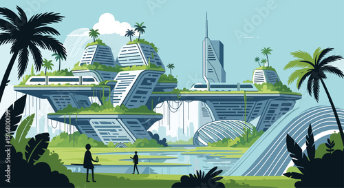 Futuristic city scene with green buildings, monorail transportation, and lush vegetation promoting sustainable urban living and technology.