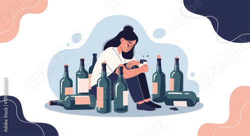 Sad and depressed woman sitting alone on the floor surrounded by many empty wine bottles reflecting alcohol addiction and despair.
