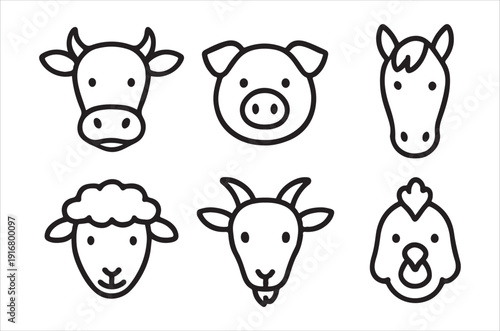 Simple line art illustrations depicting the faces of a cow pig horse sheep goat and chicken