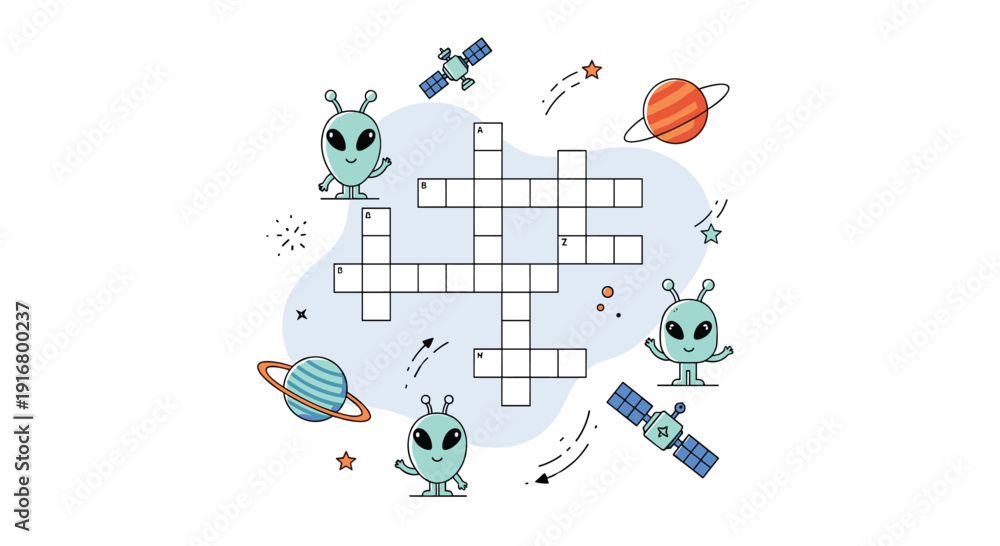 Fototapeta premium Educational crossword puzzle themed around space exploration includes cute aliens, planets, and satellites in a playful design.