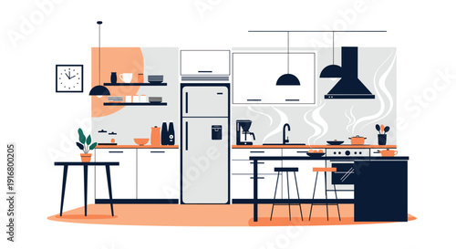 Modern and stylish kitchen interior with sleek cabinets, appliances, steaming pots, and a dining area in a warm color palette.