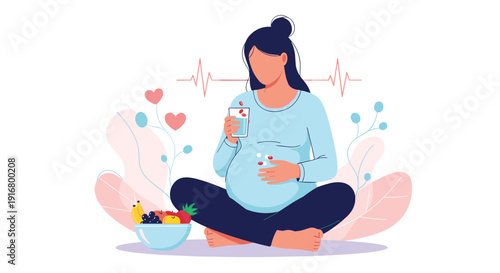 Pregnant woman sitting cross-legged taking daily vitamins or medicine with a bowl of fresh fruit nearby for healthy pregnancy care.