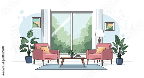Comfortable living room with two pink armchairs, a wooden coffee table, and a large window looking out at green trees and nature.