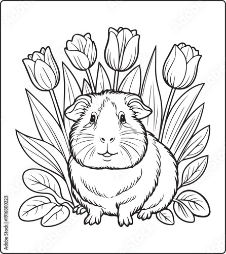 Cute animal with beautiful flowers coloring page for kids and adults, black line art vector illustration for 
activity page or book design