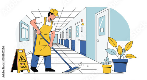 Janitor in a yellow apron mopping the floor of a clean building hallway with a wet floor sign and indoor plants for safety.