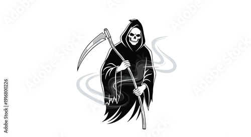 Dark and dramatic illustration of the Grim Reaper figure wearing a black cloak and holding a large scythe in grey smoke.