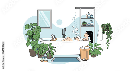 Relaxing self care scene with a woman in a bubble bath reading a digital tablet surrounded by many lush green houseplants.