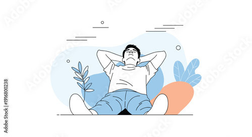 Young man takes a peaceful break while lying down on the ground with his hands behind his head in a relaxed outdoor setting.
