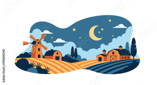 Countryside landscape at night features a windmill and barn under a glowing crescent moon and starry sky with soft clouds.