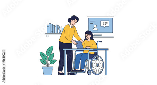 Dedicated teacher assisting a young student in a wheelchair with a laptop in a classroom promoting inclusive education for all.