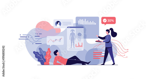 Healthcare data visualization concept shows professional staff analyzing patient records and body scans using modern digital interfaces.