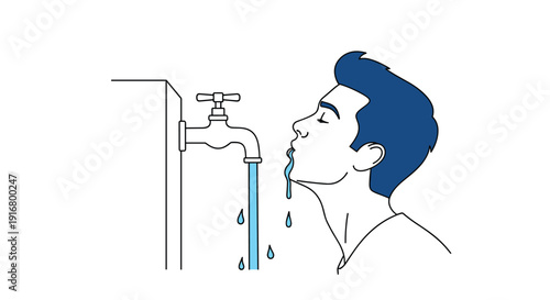 Side profile illustration shows a person leaning forward to drink fresh water directly from a metal tap mounted on a wall.