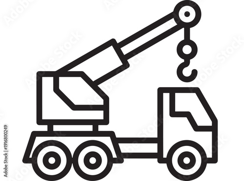 Crane truck line icon on white background, heavy equipment vehicle with boom and hook for lifting loads, construction, logistics, towing and industrial service