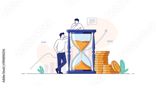 Business professionals stand next to a large hourglass while observing coin stacks and a rising growth chart representing time value.