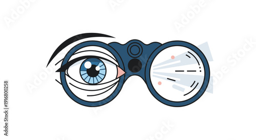 Close up view of human eyes looking through blue binoculars signifies observation, scouting, search, and future vision concepts.
