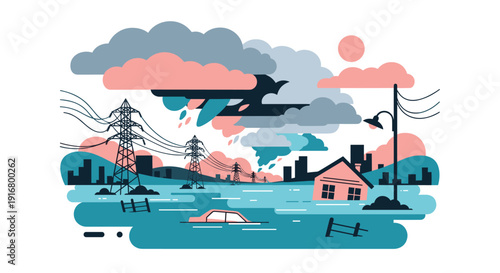 Severe weather conditions cause catastrophic flooding in a residential area with houses and cars submerged under dark storm clouds.