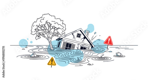 Natural disaster scene depicts a house partially underwater during a flood with warning signs indicating danger and environmental risk.