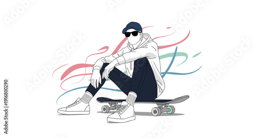 Modern illustration features a person in casual attire sitting on a skateboard against a backdrop of colorful abstract flowing lines.