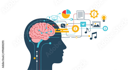 Human head silhouette features a brain connected to various digital icons representing information processing and cognitive functions.
