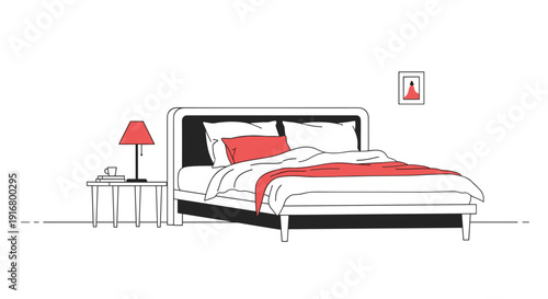 Minimalist black and white line drawing illustrates a comfortable double bed with pillows, a blanket, and a small bedside table lamp.