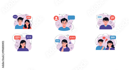 Variety of character portraits with speech bubbles represent different emotional states and social interactions in a digital style.