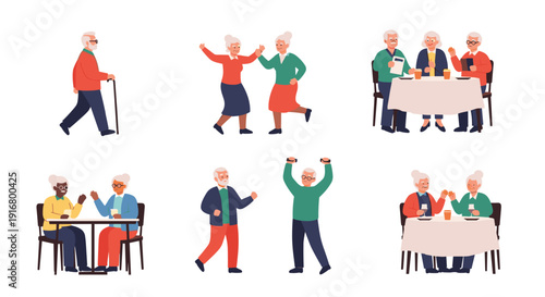 Collection of scenes shows senior citizens enjoying an active lifestyle by dancing, walking with a cane, and dining with friends.
