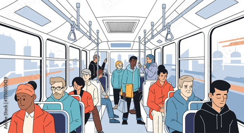 Diverse group of commuters sits and stands inside a modern public transportation bus while traveling through a city environment.
