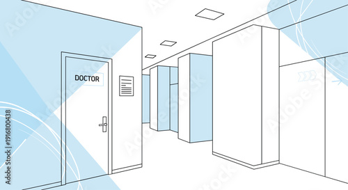 Modern hospital interior corridor design showing clean white walls medical clinic doors and perspective architectural view.