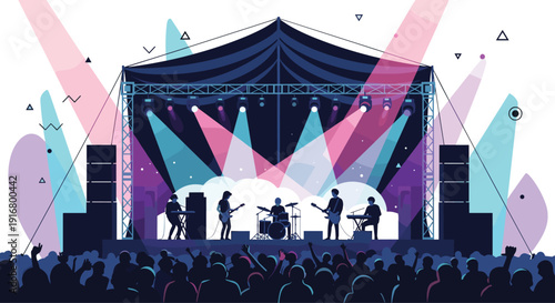 Musical band performing energetic live concert on stage under vibrant colorful spotlights with enthusiastic crowd silhouette.