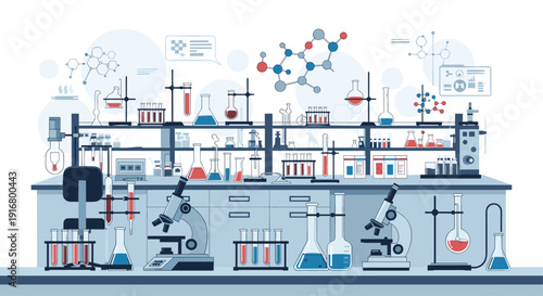 Professional laboratory equipment for scientific research including microscopes beakers test tubes and molecular models.